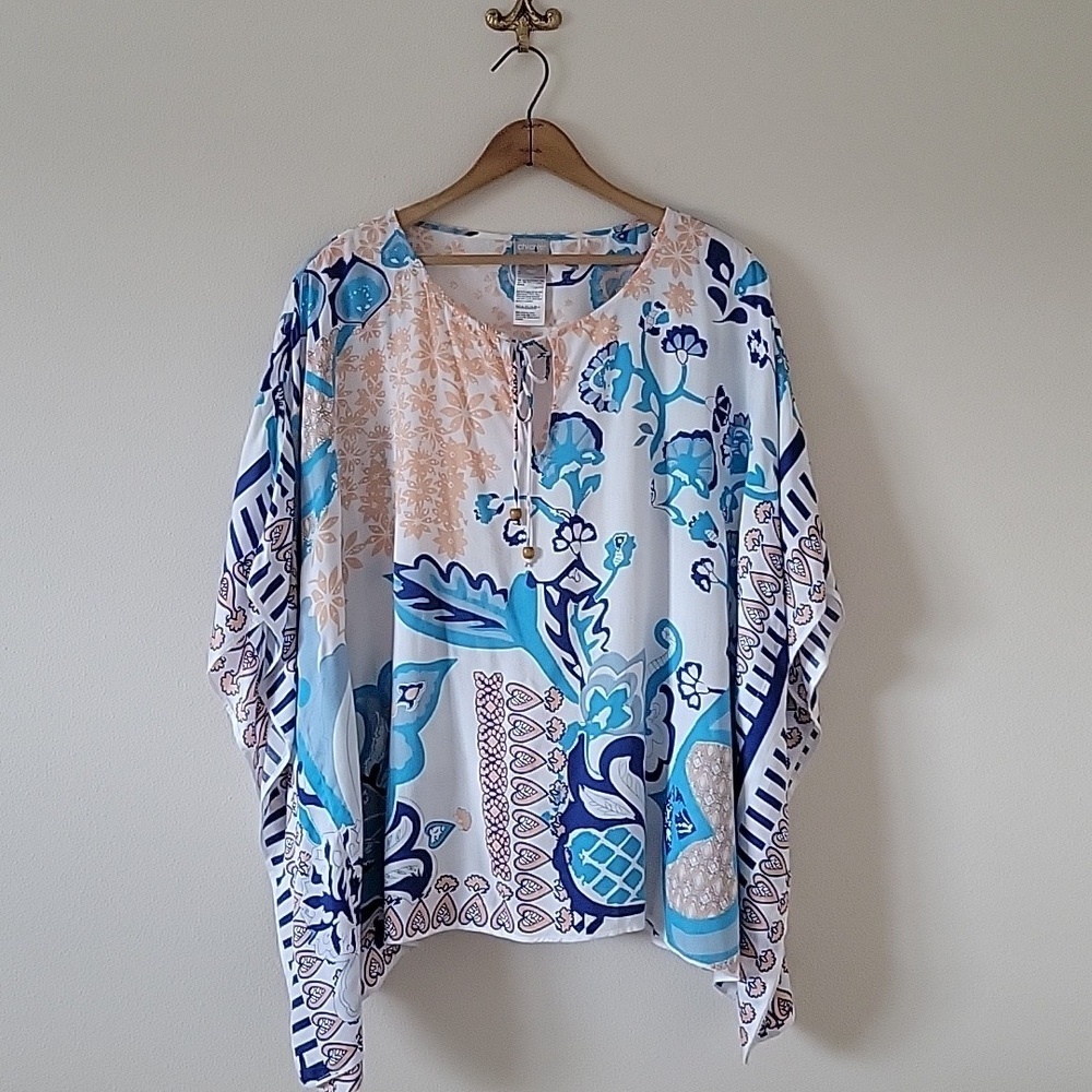 Chico's Blue and Khaki Mixed‎ Print Poncho Size L/XL